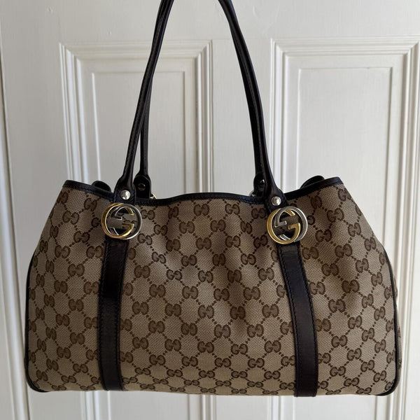 Gucci GG Canvas Twins Black Leather Tote Bag