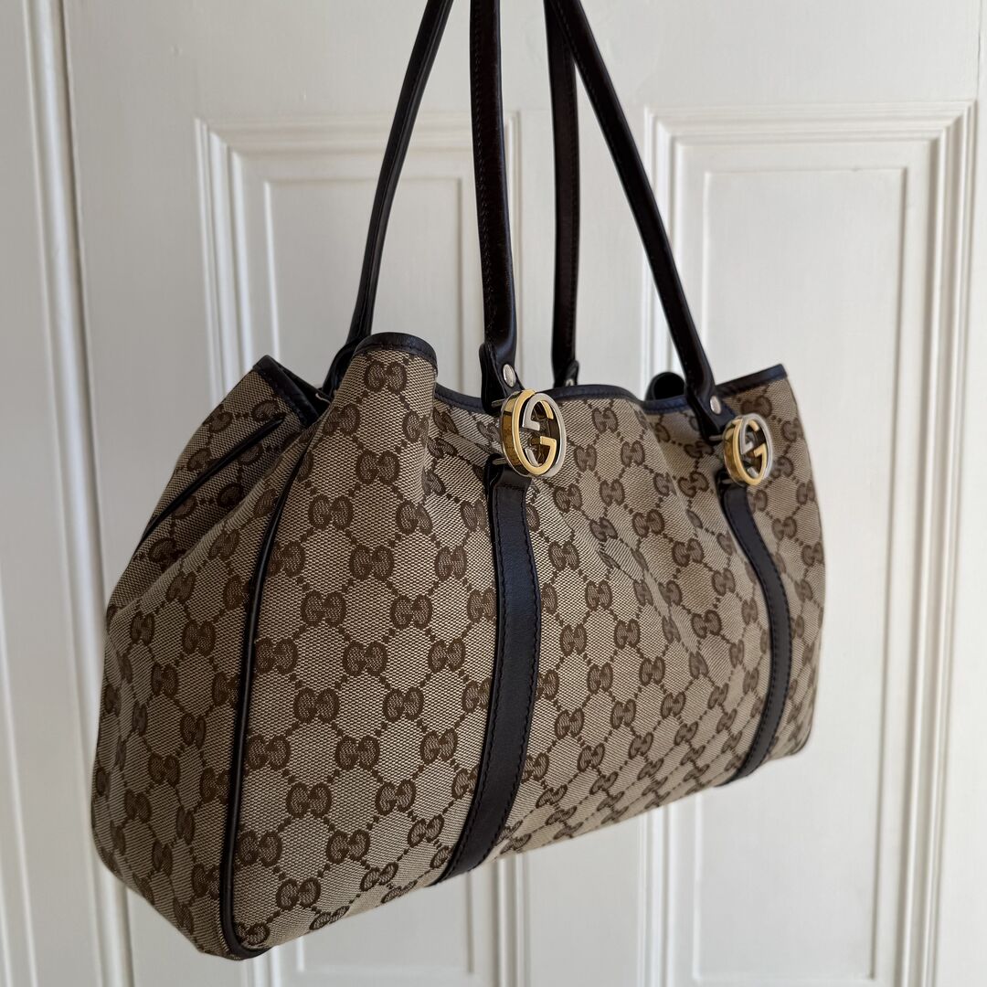 Gucci GG Canvas Twins Black Leather Tote Bag
