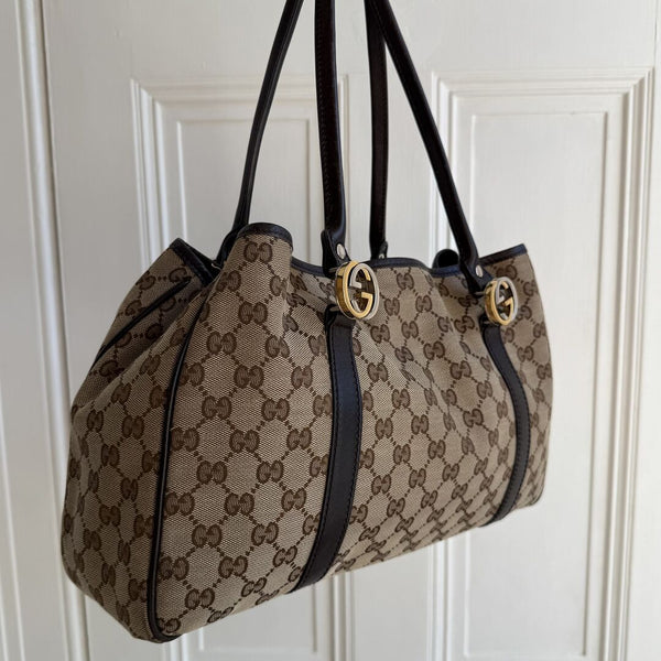 Gucci GG Canvas Twins Black Leather Tote Bag