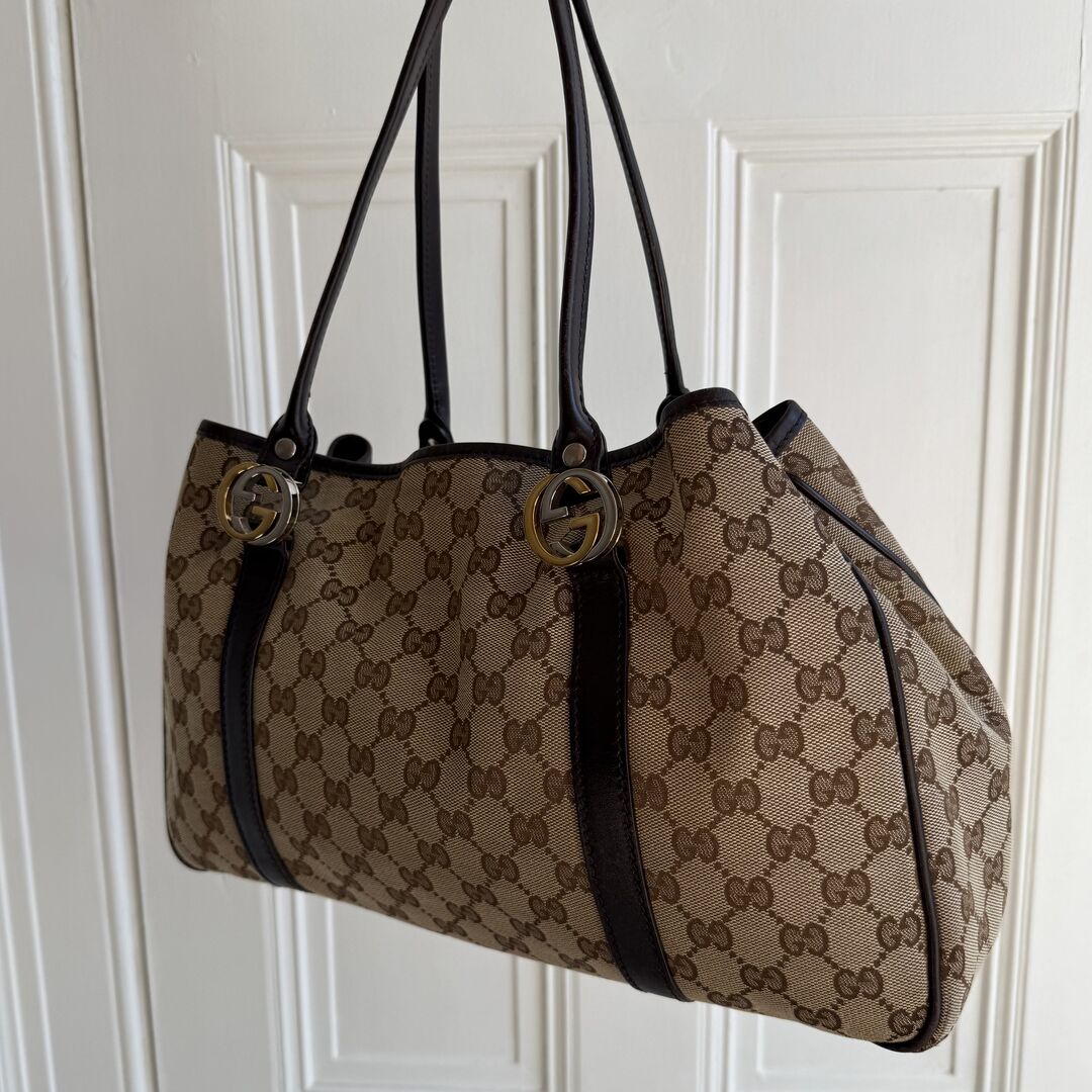 Gucci GG Canvas Twins Black Leather Tote Bag