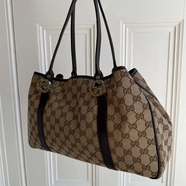 Gucci GG Canvas Twins Black Leather Tote Bag