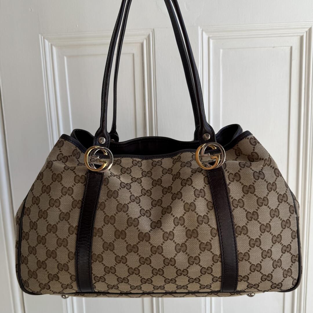 Gucci GG Canvas Twins Black Leather Tote Bag
