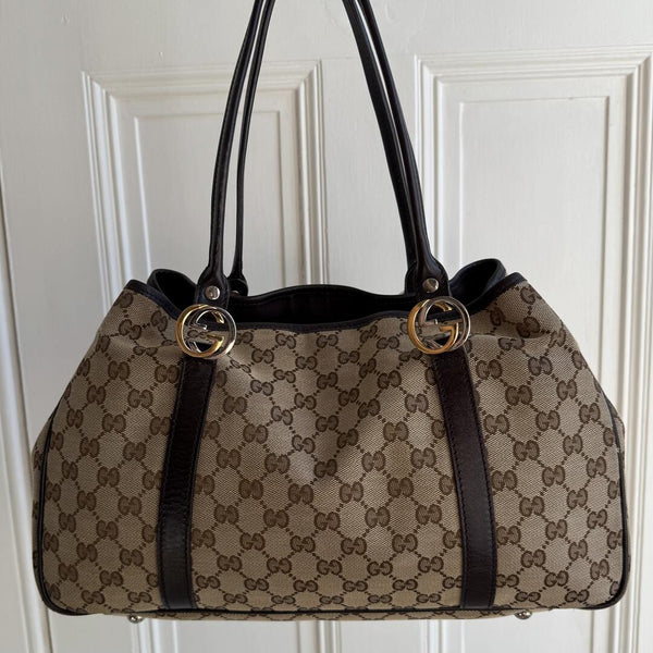 Gucci GG Canvas Twins Black Leather Tote Bag