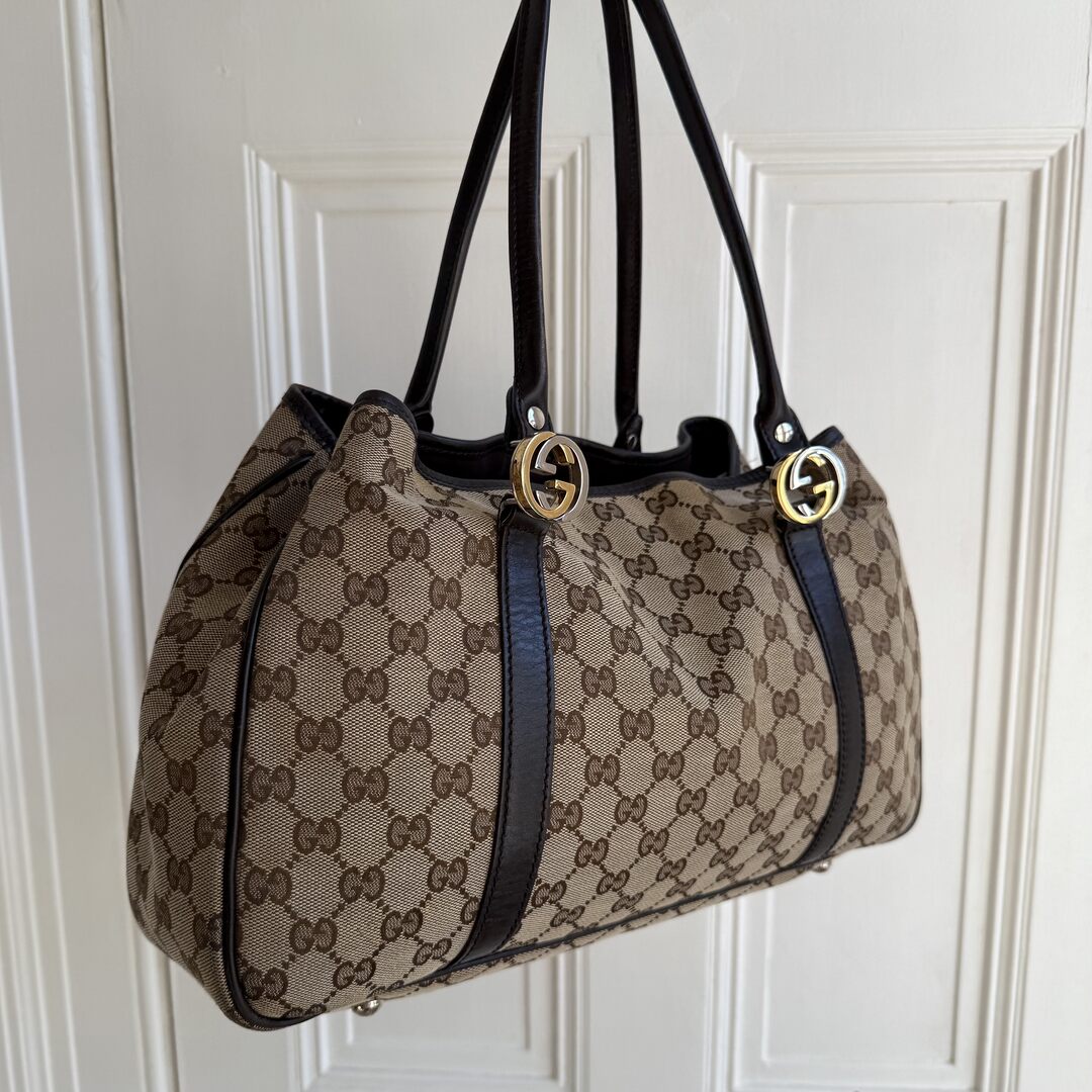 Gucci GG Canvas Twins Black Leather Tote Bag