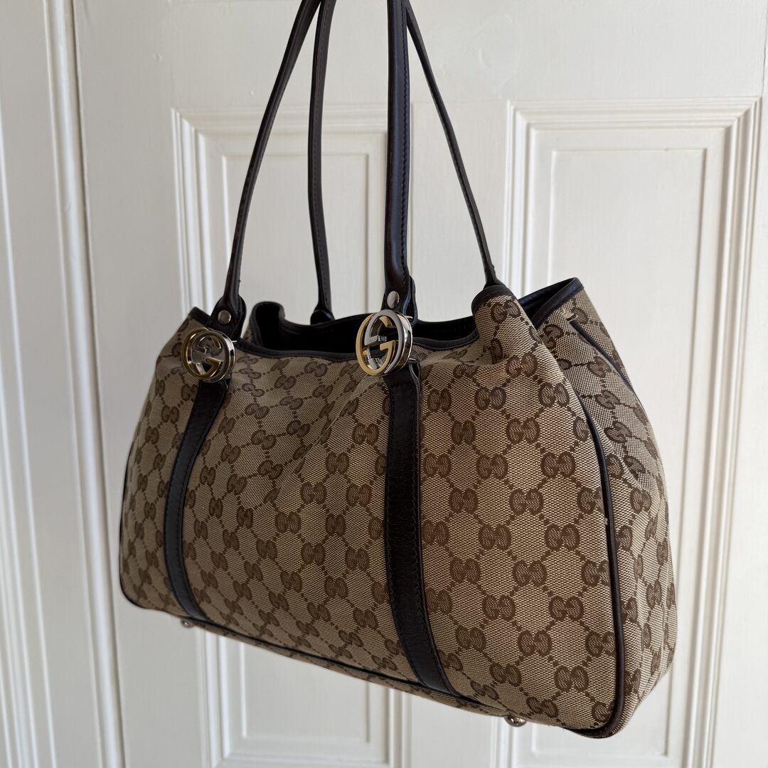 Gucci GG Canvas Twins Black Leather Tote Bag