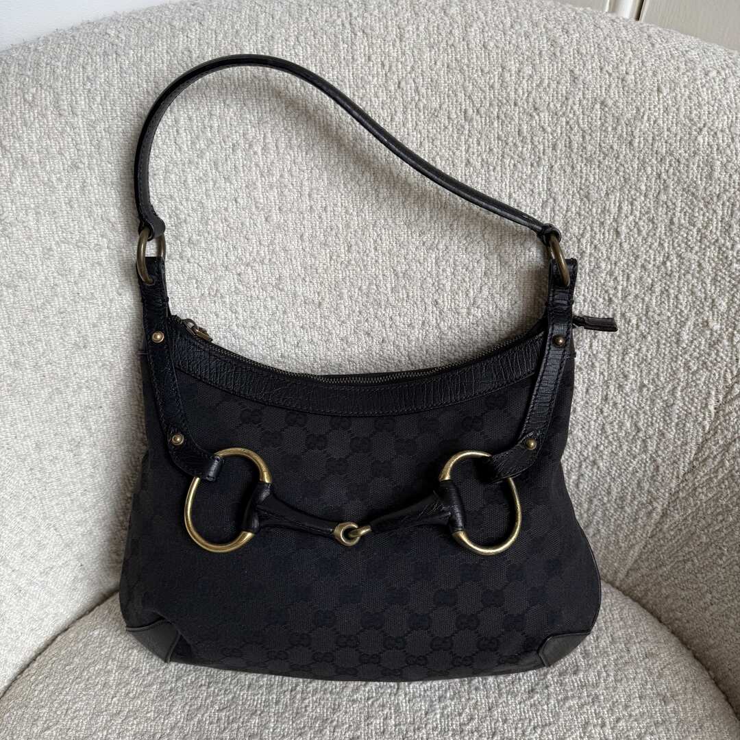 Gucci GG Canvas Horsebit Black Shoulder Bag