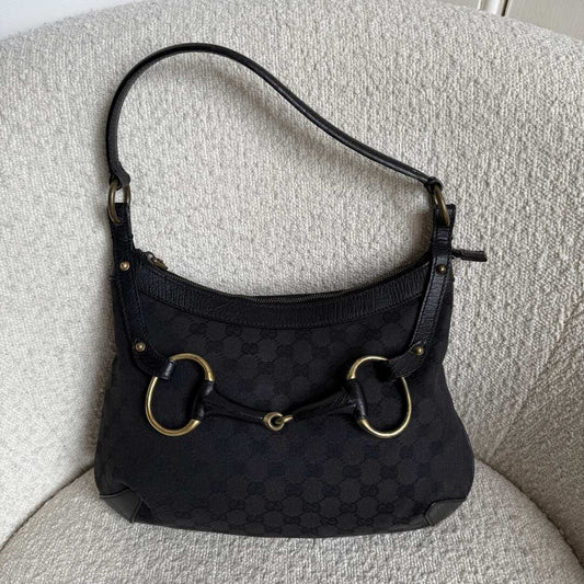 Gucci GG Canvas Horsebit Black Shoulder Bag