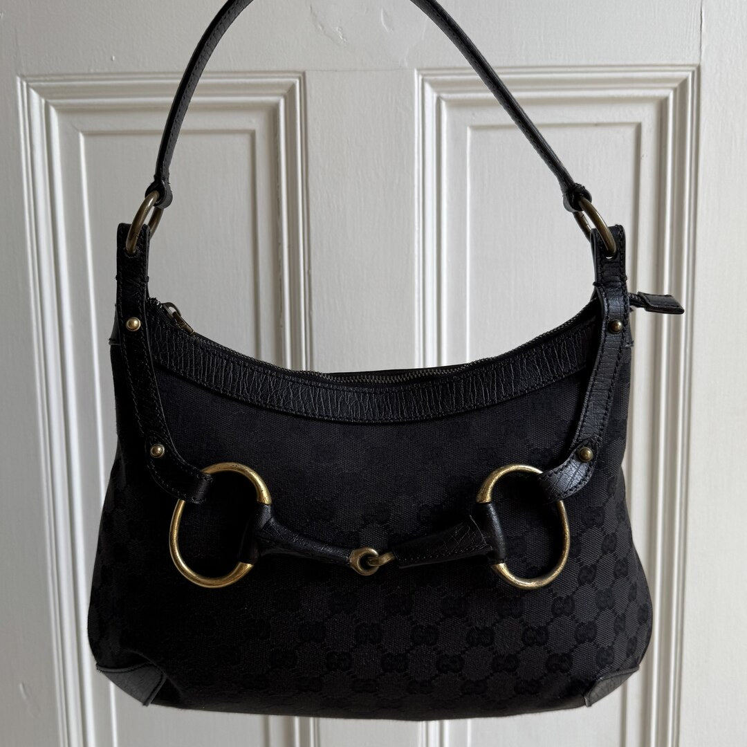 Gucci GG Canvas Horsebit Black Shoulder Bag