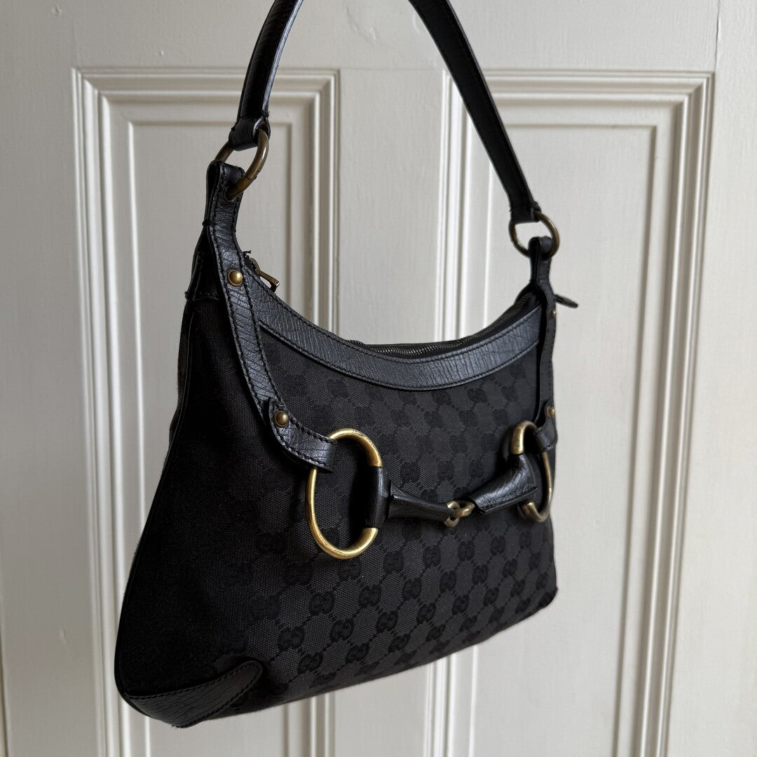 Gucci GG Canvas Horsebit Black Shoulder Bag