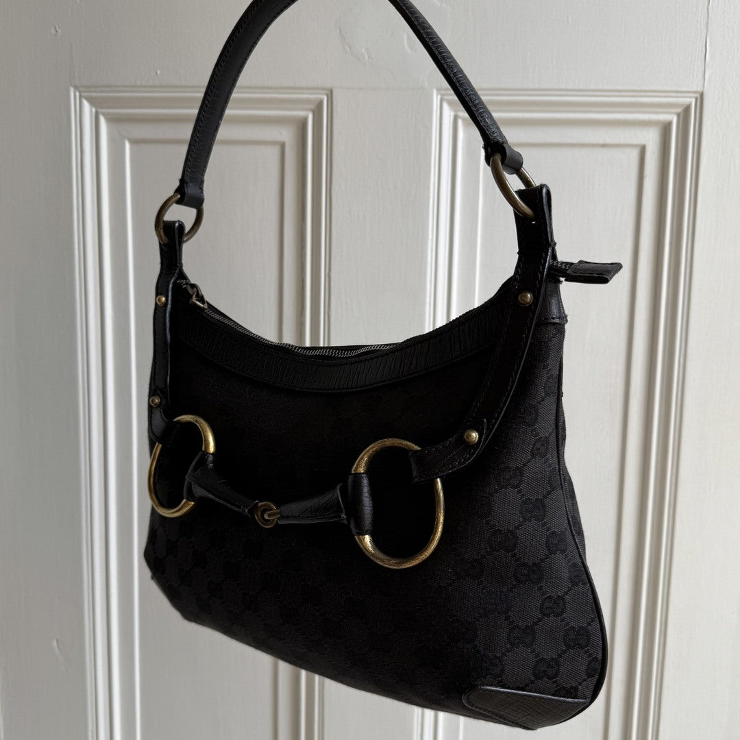 Gucci GG Canvas Horsebit Black Shoulder Bag