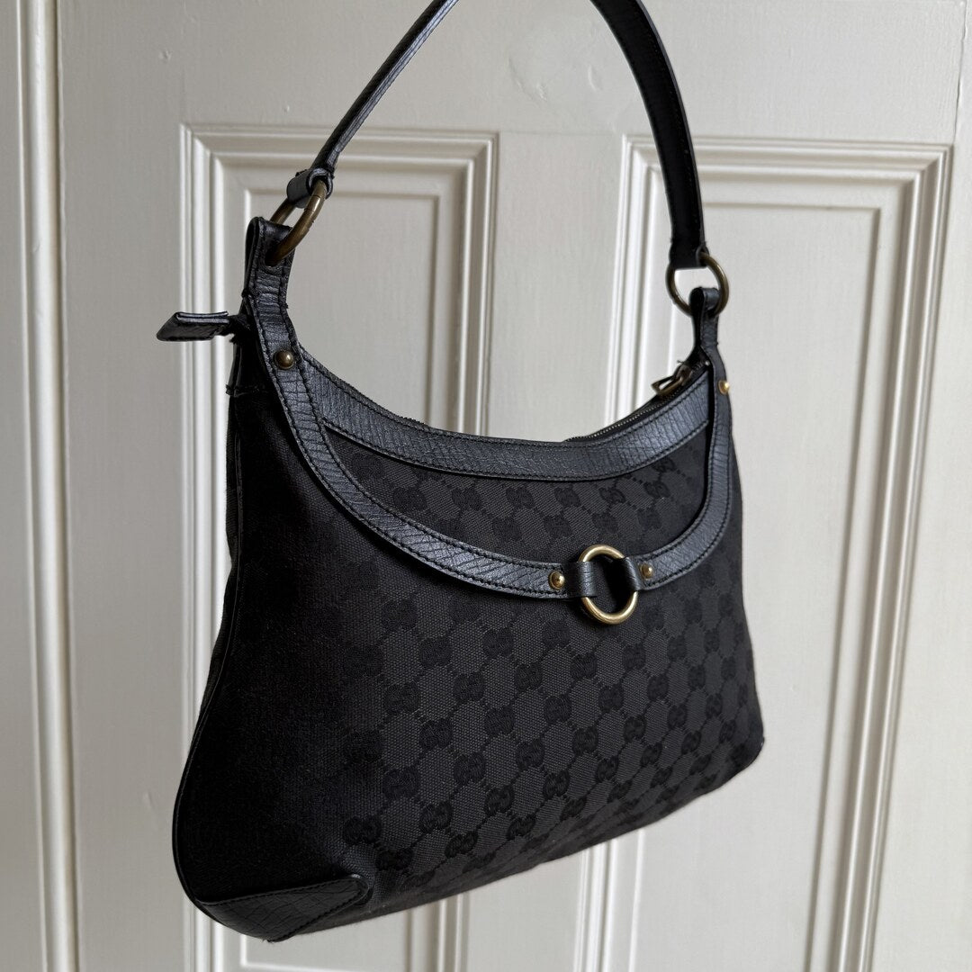 Gucci GG Canvas Horsebit Black Shoulder Bag