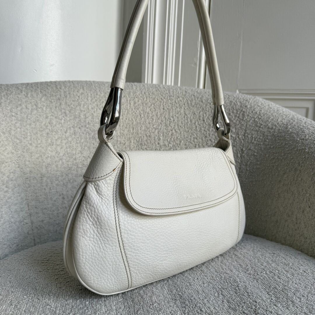 2003 Prada Hobo VItello Daino Leather White Shoulder Bag