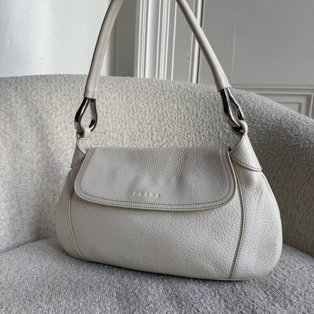 2003 Prada Hobo VItello Daino Leather White Shoulder Bag