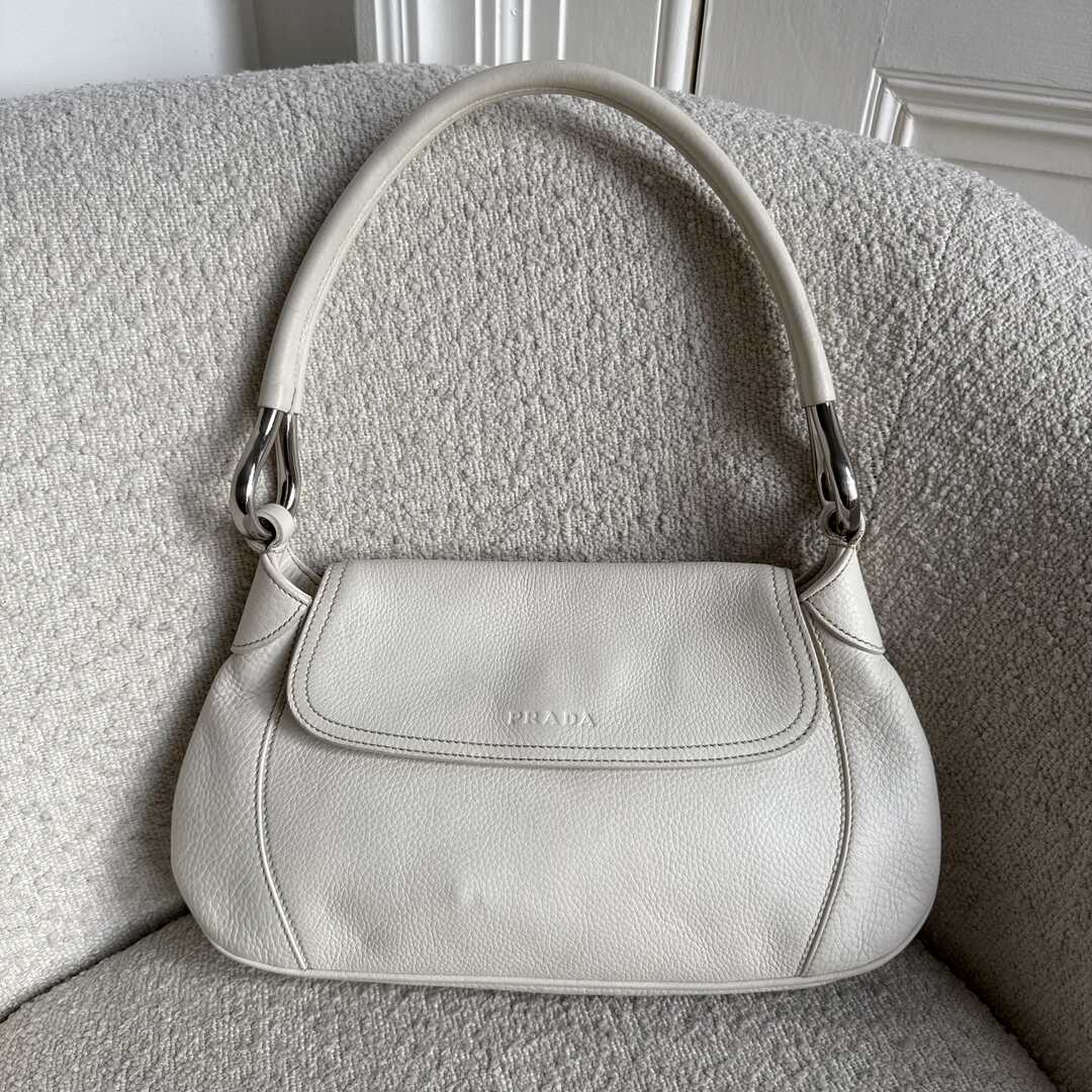 2003 Prada Hobo VItello Daino Leather White Shoulder Bag
