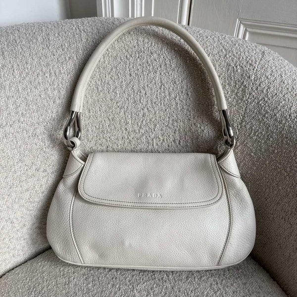 2003 Prada Hobo VItello Daino Leather White Shoulder Bag