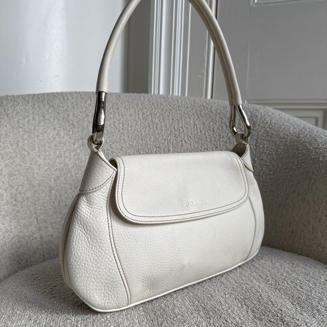 2003 Prada Hobo VItello Daino Leather White Shoulder Bag