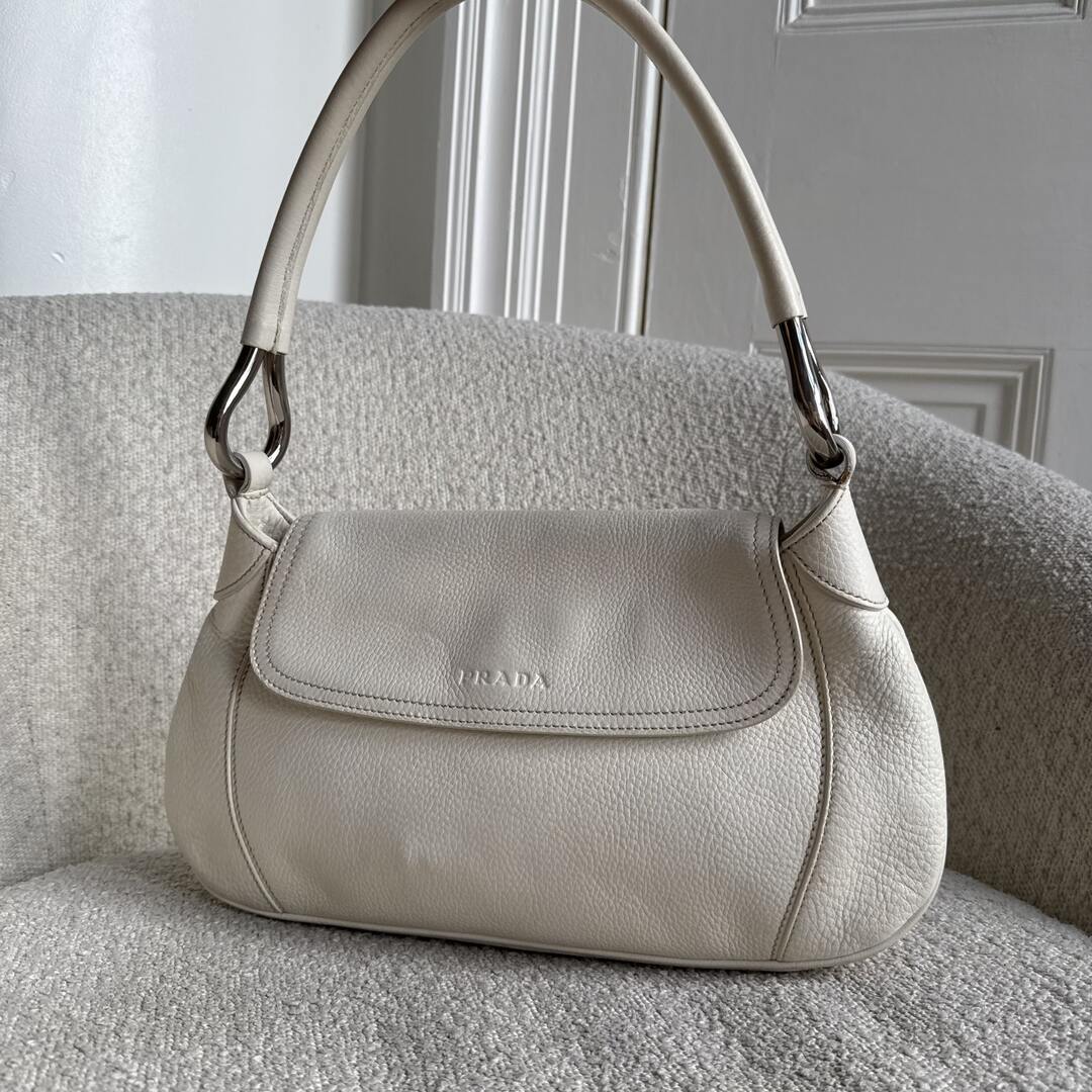 2003 Prada Hobo VItello Daino Leather White Shoulder Bag