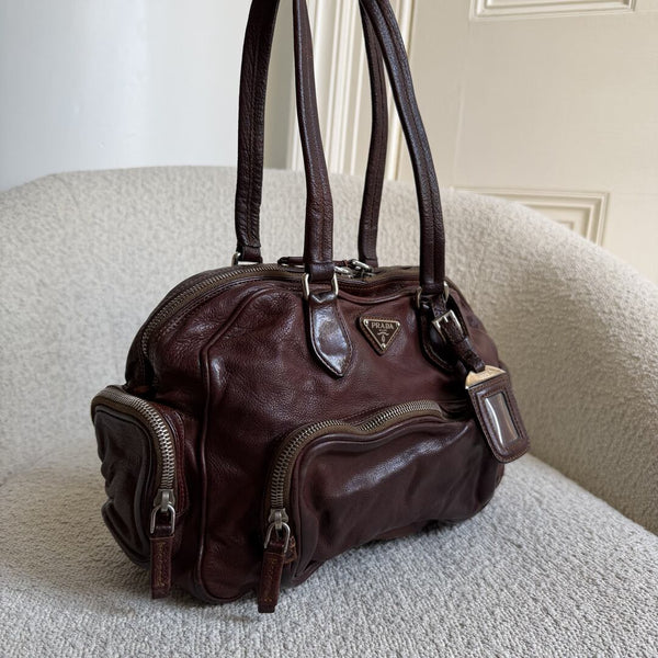 2006 Prada Washed Bauletto Brown Leather Shoulder Bag