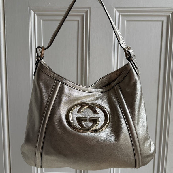 Gucci Britt Hobo Leather Metallic Gold Shoulder Bag