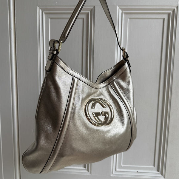 Gucci Britt Hobo Leather Metallic Gold Shoulder Bag