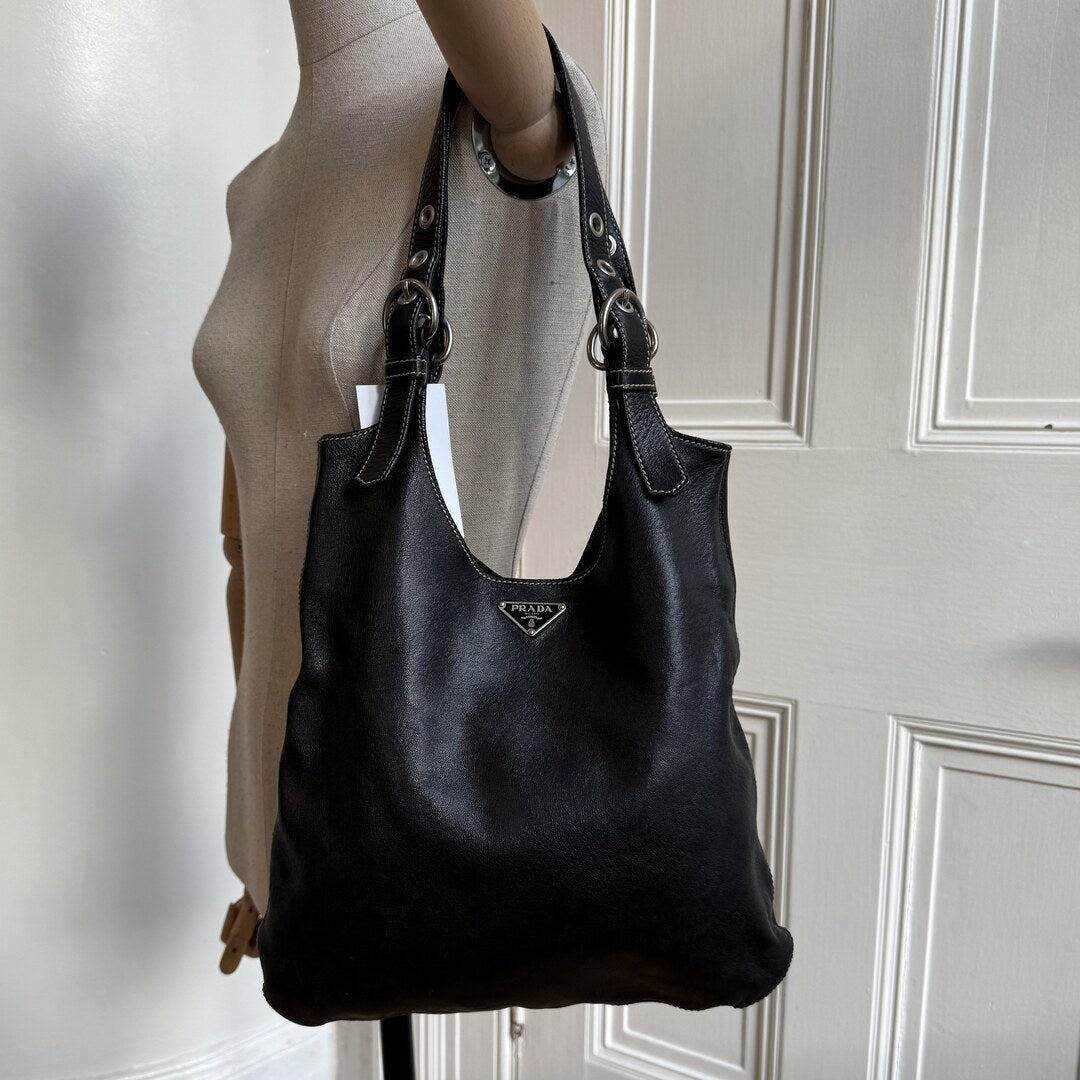 90s Prada Vitello Leather Black Tote Bag