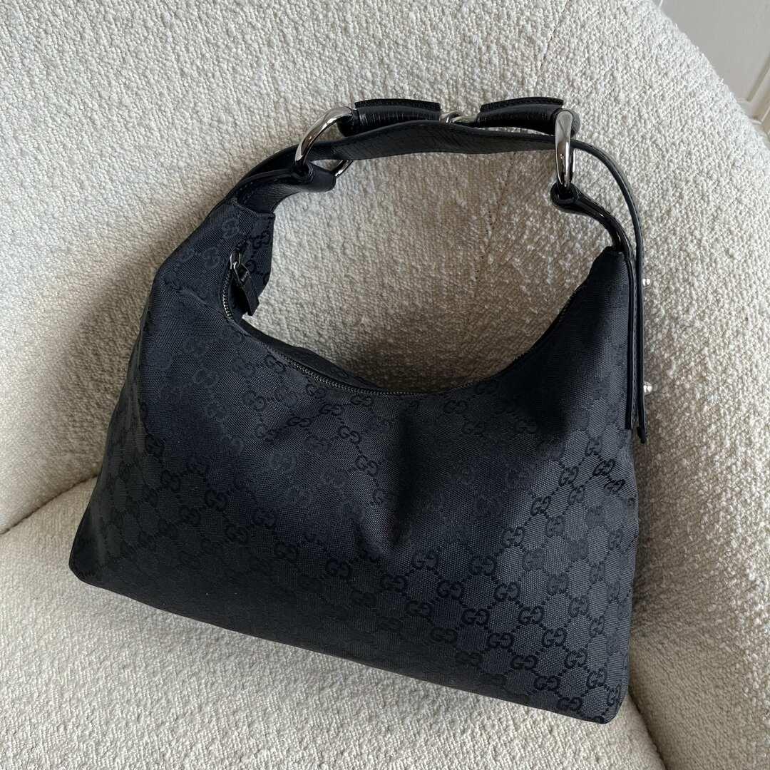 Gucci GG Black Monogram Horsebit Hobo Shoulder Bag