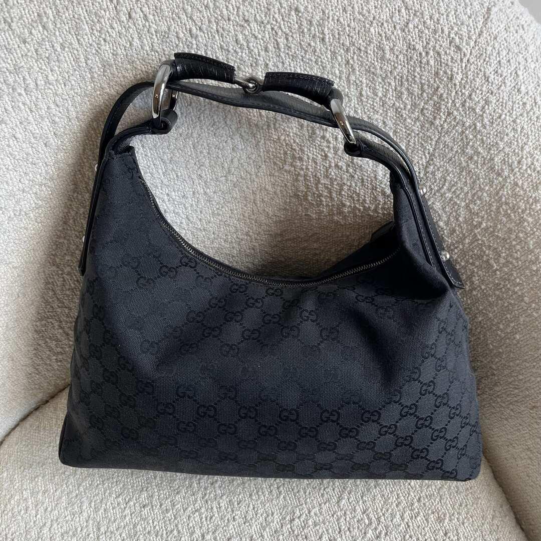 Gucci GG Black Monogram Horsebit Hobo Shoulder Bag