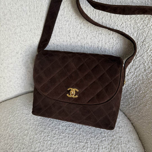 1994 Chanel Brown Quilted Suede CC Flap Bag