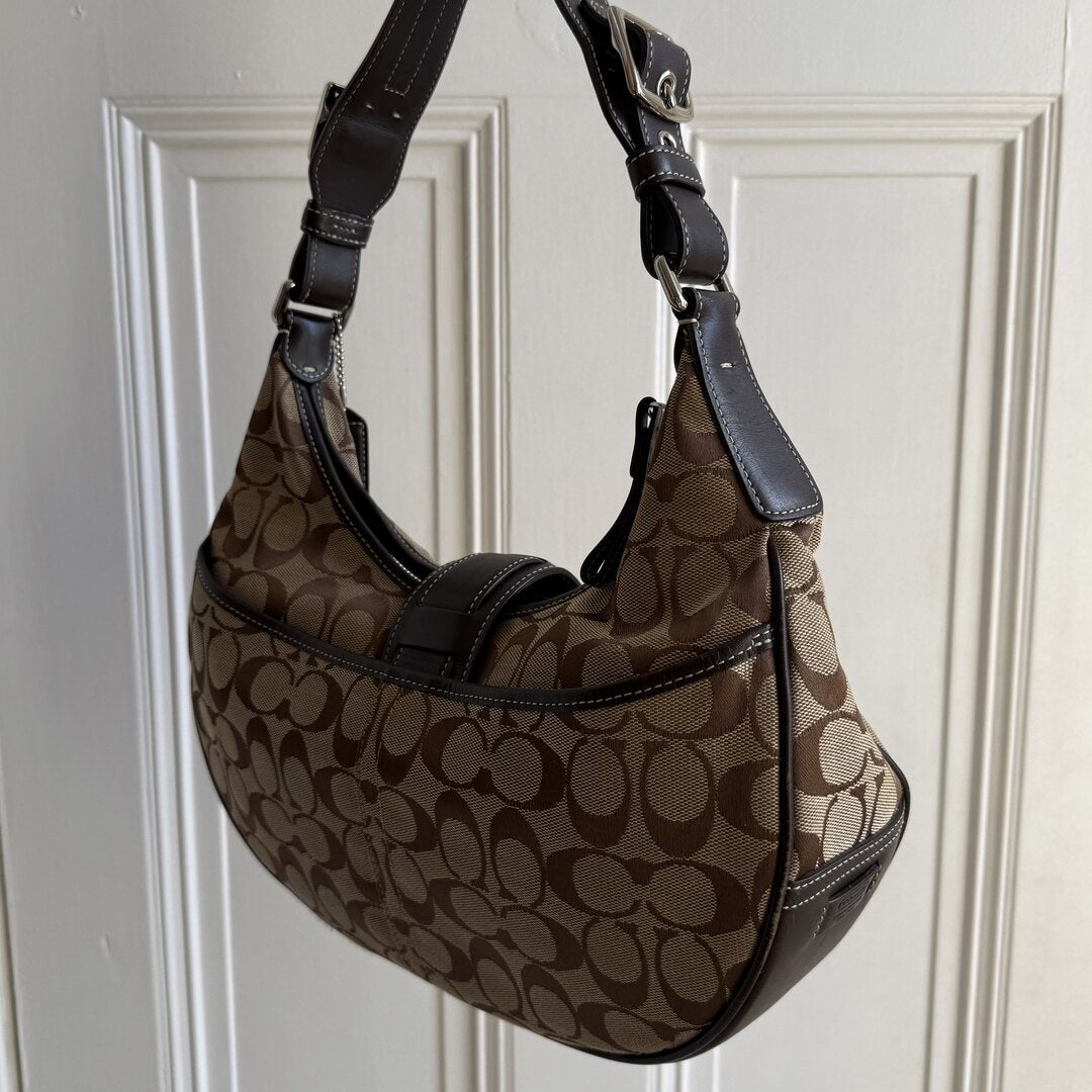 Coach Signature Hobo Buckle Brown Shoulder Bag