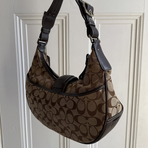 Coach Signature Hobo Buckle Brown Shoulder Bag