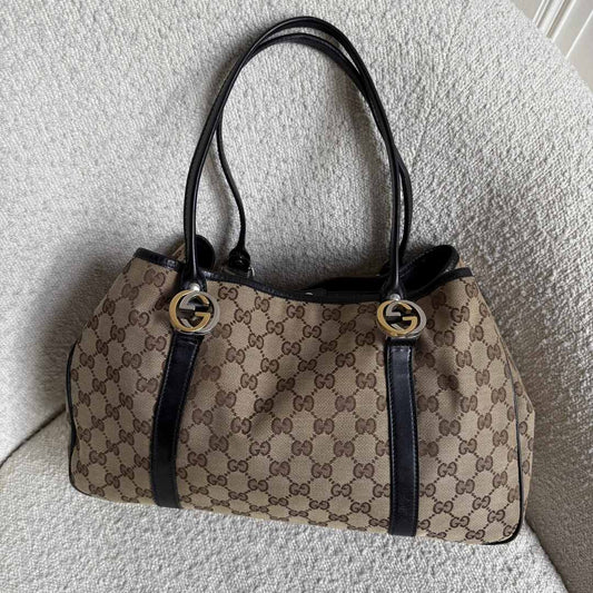 Gucci GG Canvas Twins Black Leather Tote Bag