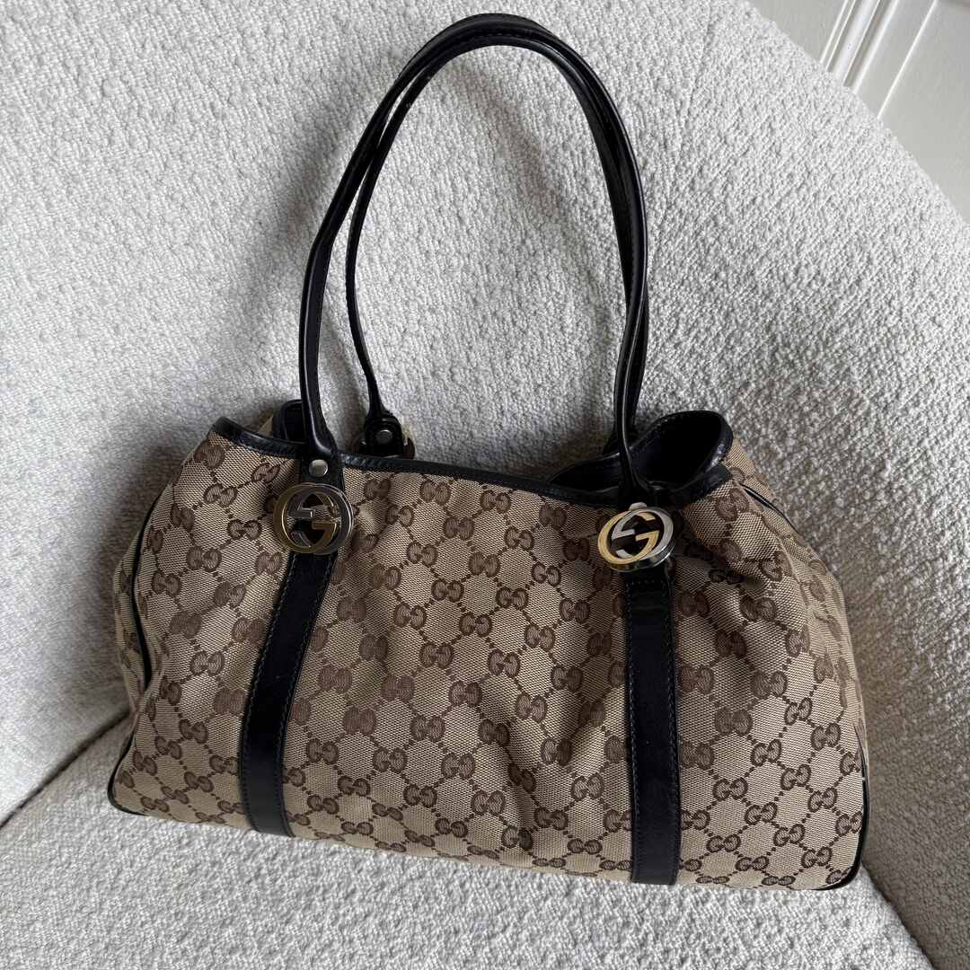 Gucci GG Canvas Twins Black Leather Tote Bag