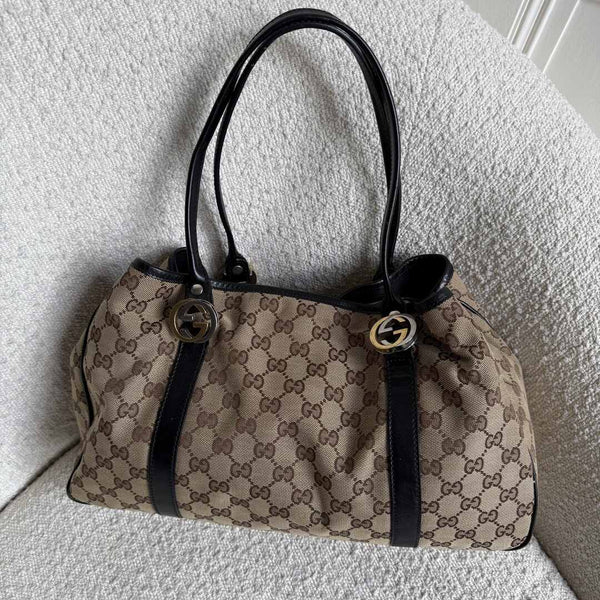 Gucci GG Canvas Twins Black Leather Tote Bag