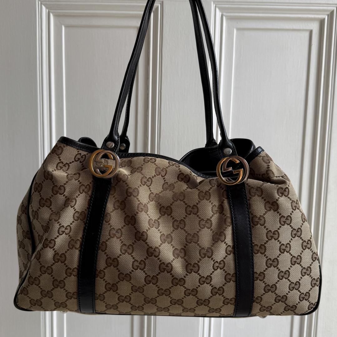 Gucci GG Canvas Twins Black Leather Tote Bag