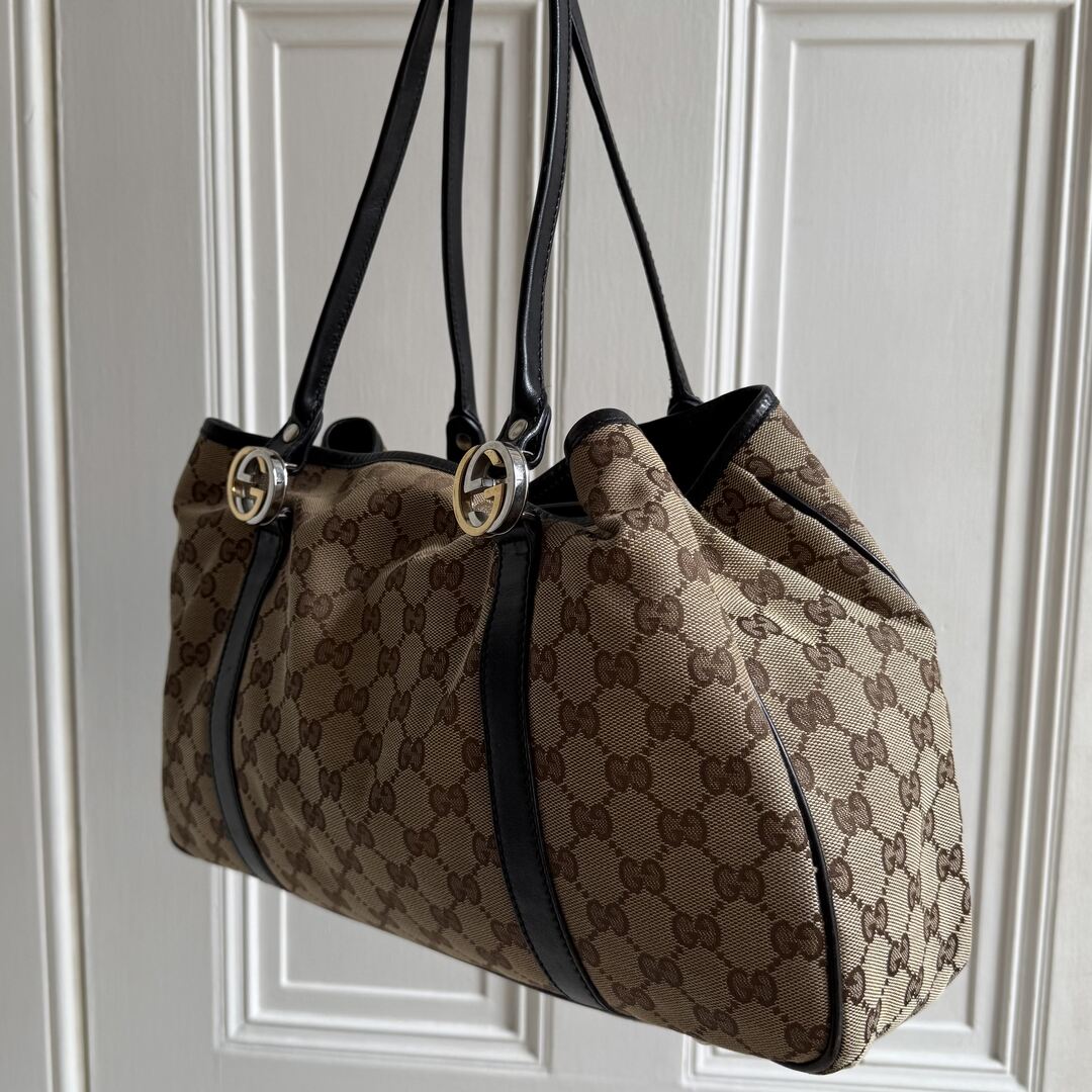 Gucci GG Canvas Twins Black Leather Tote Bag