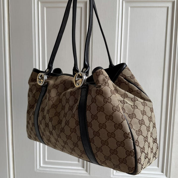 Gucci GG Canvas Twins Black Leather Tote Bag