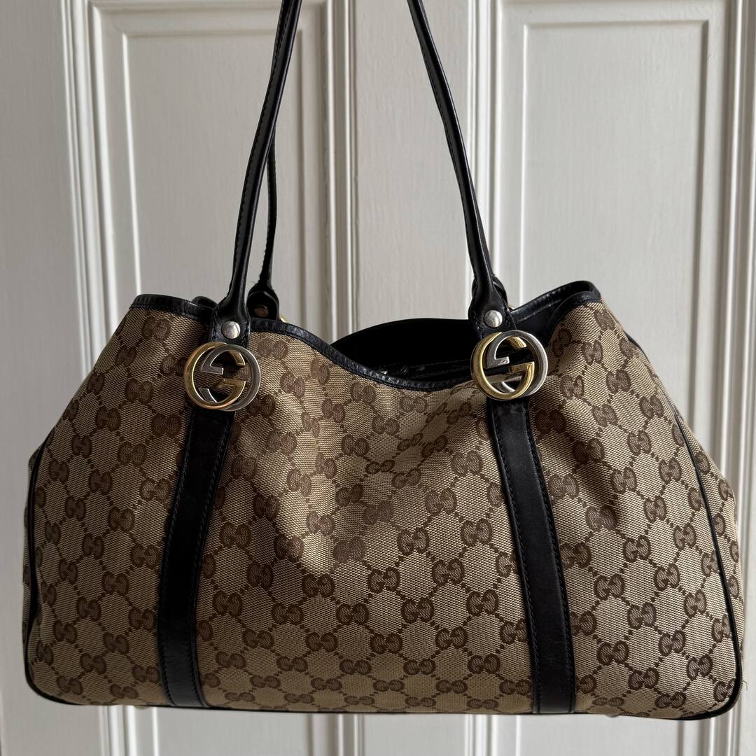 Gucci GG Canvas Twins Black Leather Tote Bag