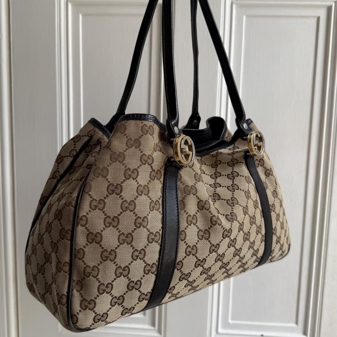 Gucci GG Canvas Twins Black Leather Tote Bag