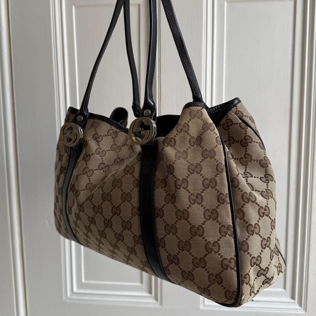 Gucci GG Canvas Twins Black Leather Tote Bag