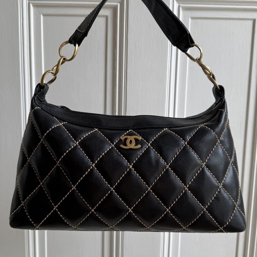 2003 Chanel CC Surpique Wild Stitch Black Leather Handbag