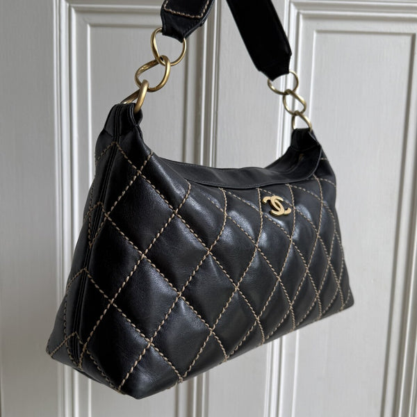 2003 Chanel CC Surpique Wild Stitch Black Leather Handbag
