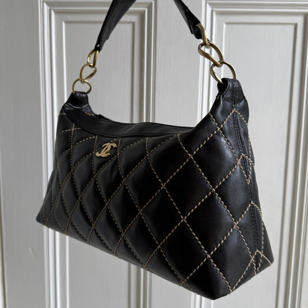 2003 Chanel CC Surpique Wild Stitch Black Leather Handbag