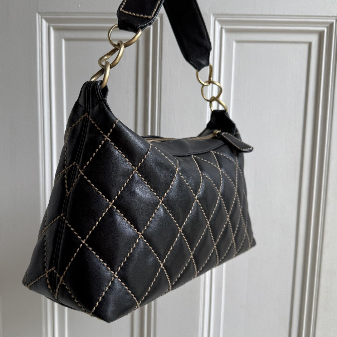 2003 Chanel CC Surpique Wild Stitch Black Leather Handbag