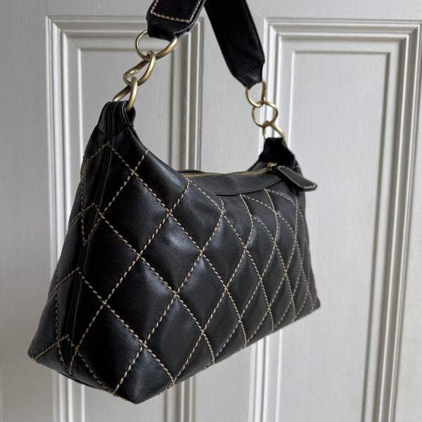 2003 Chanel CC Surpique Wild Stitch Black Leather Handbag