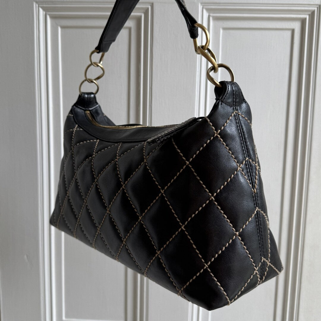 2003 Chanel CC Surpique Wild Stitch Black Leather Handbag