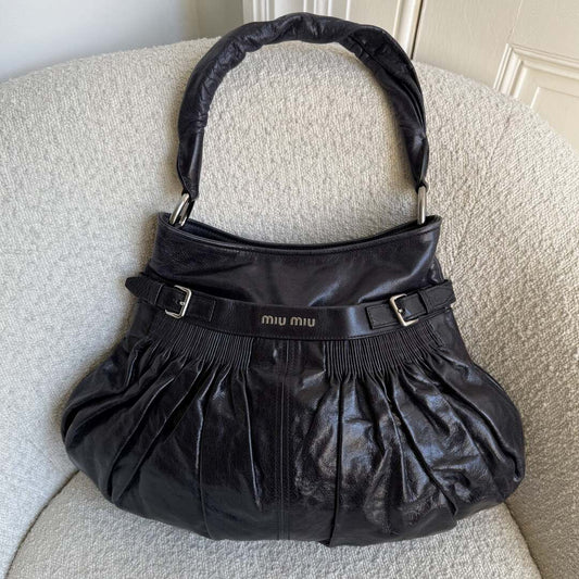 Miu Miu Crinkled Hobo Leather Dark Purple Shoulder Bag