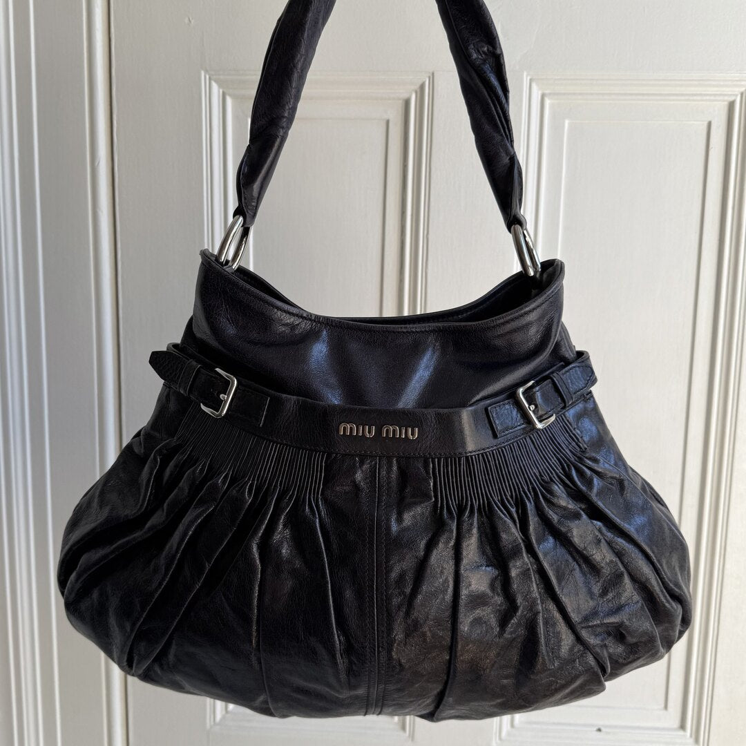 Miu Miu Crinkled Hobo Leather Dark Purple Shoulder Bag