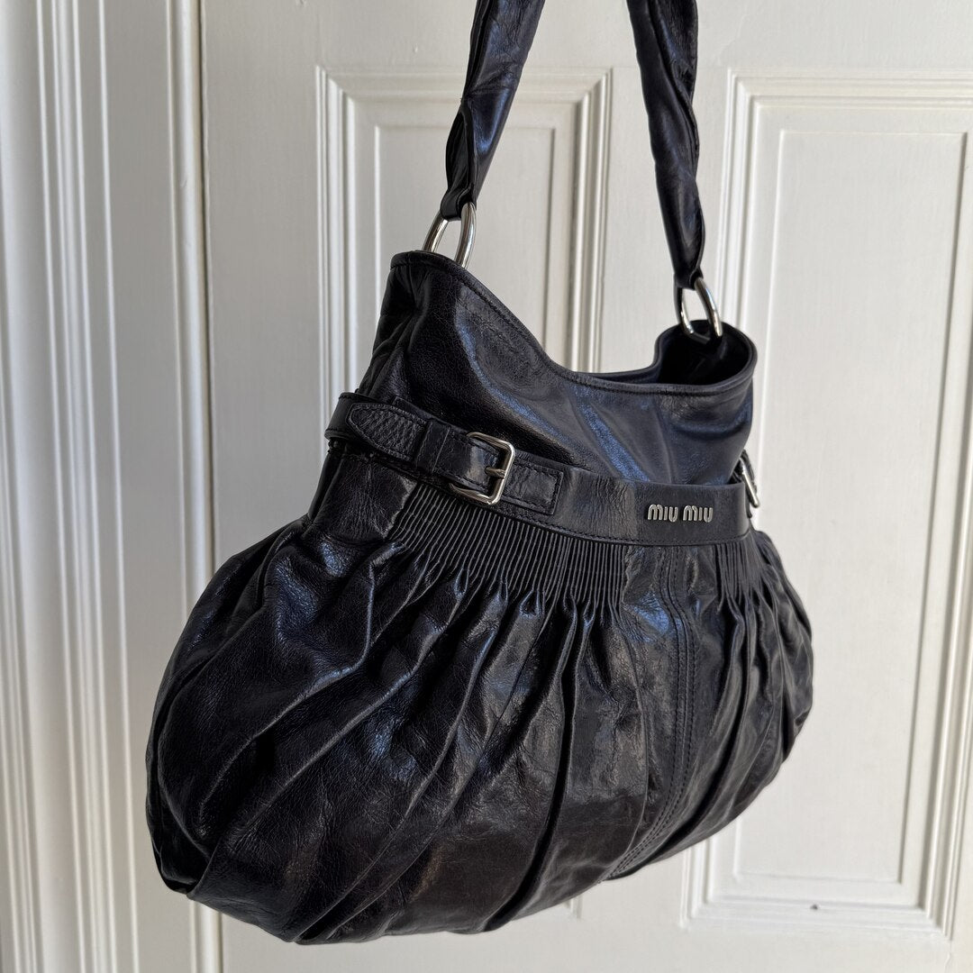 Miu Miu Crinkled Hobo Leather Dark Purple Shoulder Bag