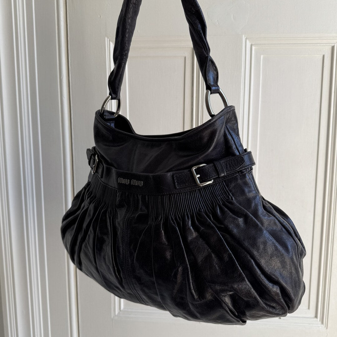 Miu Miu Crinkled Hobo Leather Dark Purple Shoulder Bag