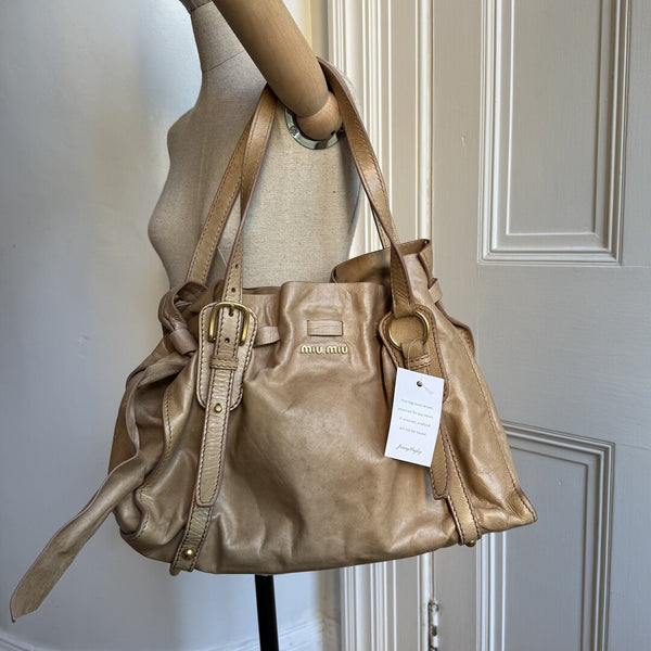 Miu Miu Vitello Leather Beige Tote Bag
